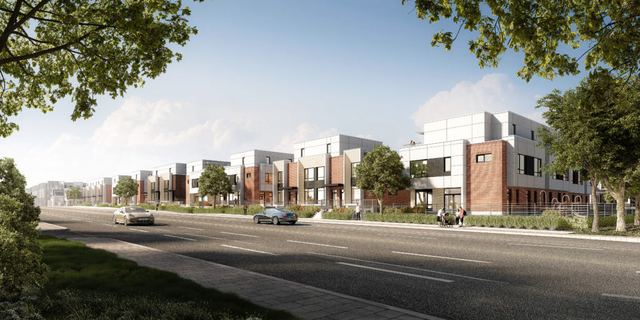 West Oak — residential townhousing: one level of underground parking with 63 townhomes above.